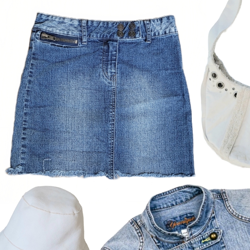 Y2K Denim Skirt Cut off with Metal Buttons and Zipper Detail.